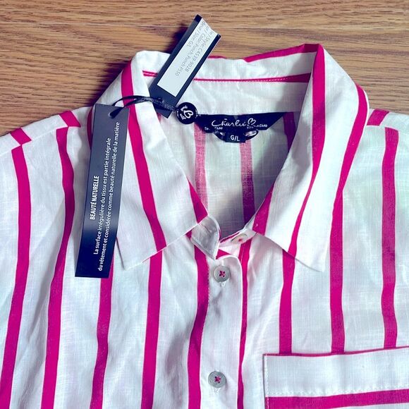 CHARLIE B Button-Down Rayon Linen Blend White Pink Shirt Size L  NWT - Picture 4 of 8